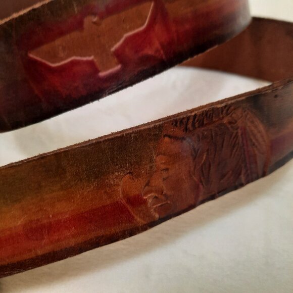 Vintage 70s 80s Tooled Leather Belt BO Jeans Big Buckle Brown Mens M Womens L - Picture 7 of 14